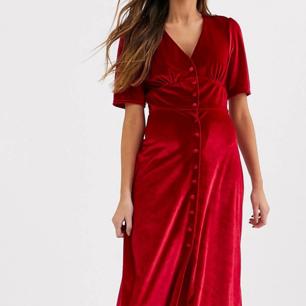 Nobody's Child Red Velvet Button Midi Tea Dress